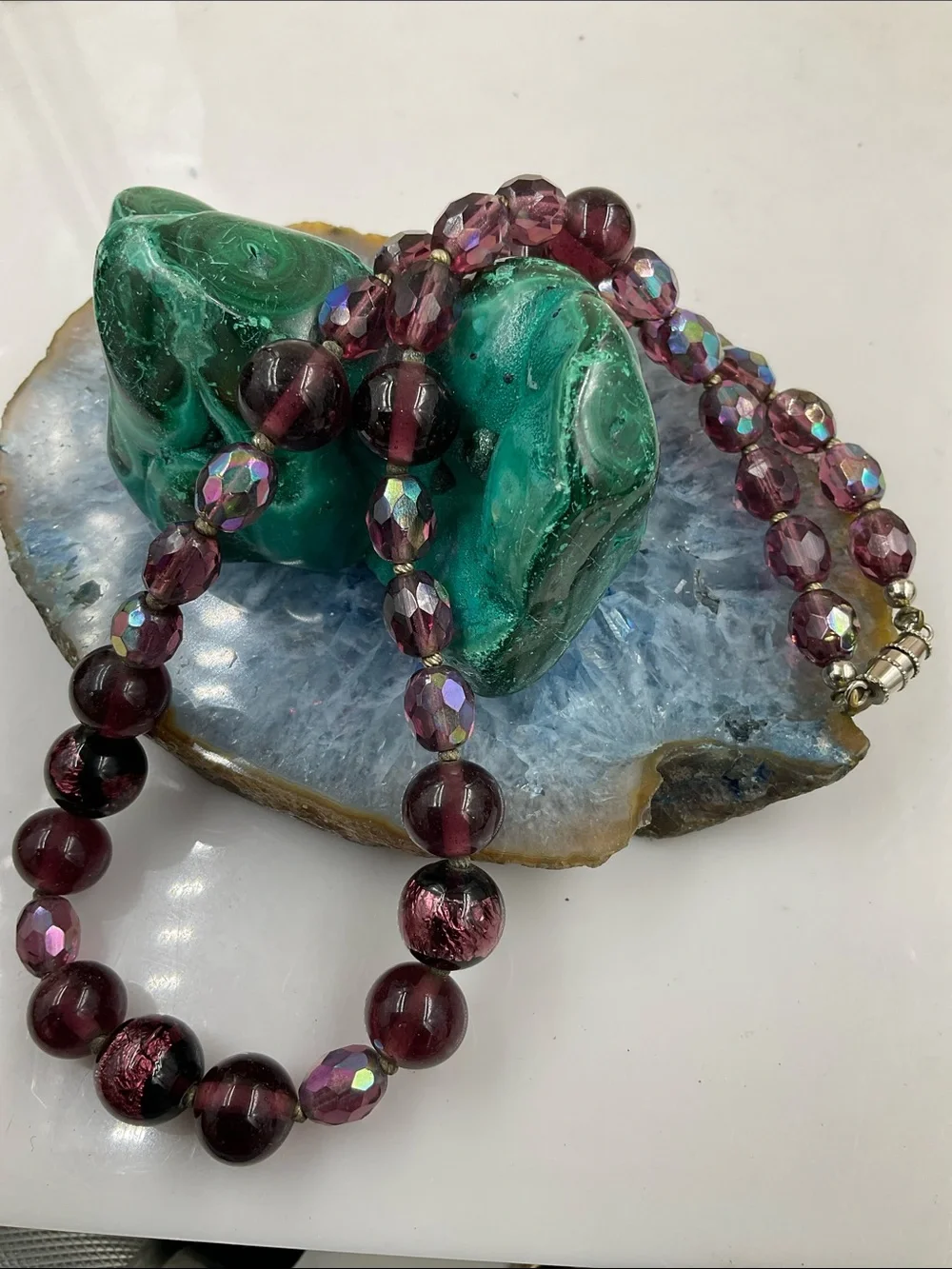 16”Deep Purple Round Amethyst Beaded Necklace Gemstones, Faceted Aurora Borealis